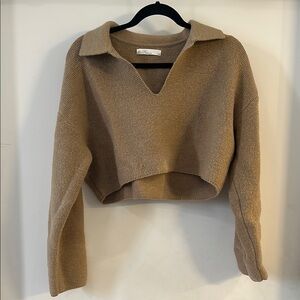 OAK + FORT Tan Collared Cropped Sweater